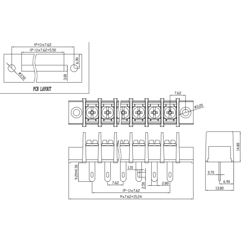 7,62 mm Pitch Zauntyp PCB Klemme lange runde Füße